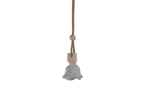 A hanging decorative rose glass bottle car air freshener with a clear textured glass body, a beige wooden bead, and a beige ribbed collar, suspended from a braided cord on a plain white background.