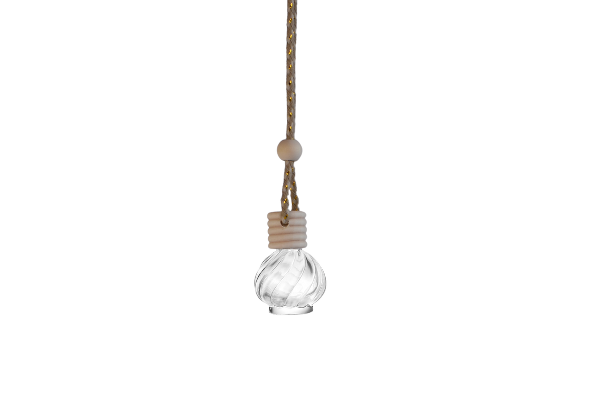 A hanging decorative round glass bottle car air freshener with a clear textured glass body, a beige wooden bead, and a beige ribbed collar, suspended from a braided cord on a plain white background.